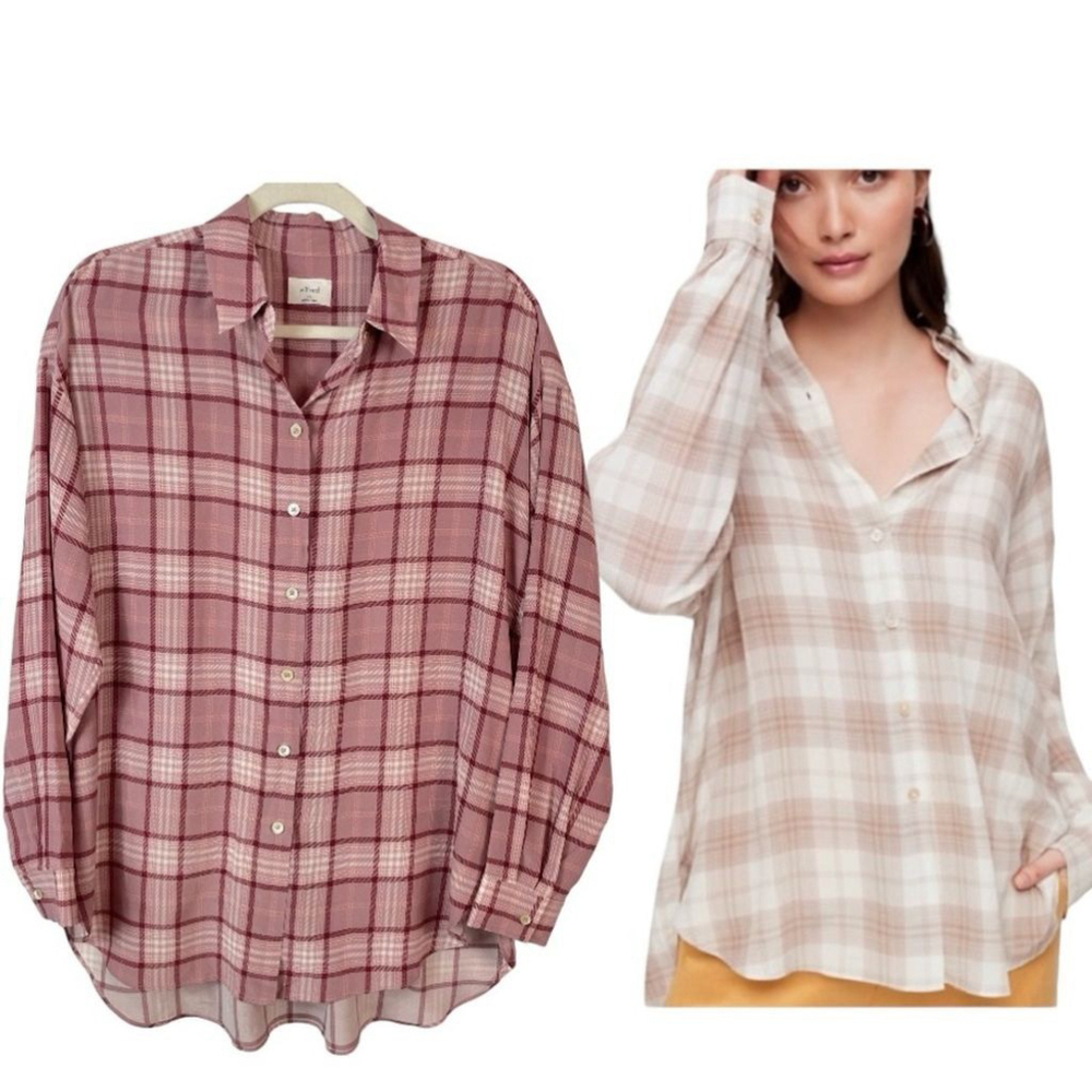 Aritzia Wilfred Alma Silk Button Down Shirt Oversized Pink Plaid